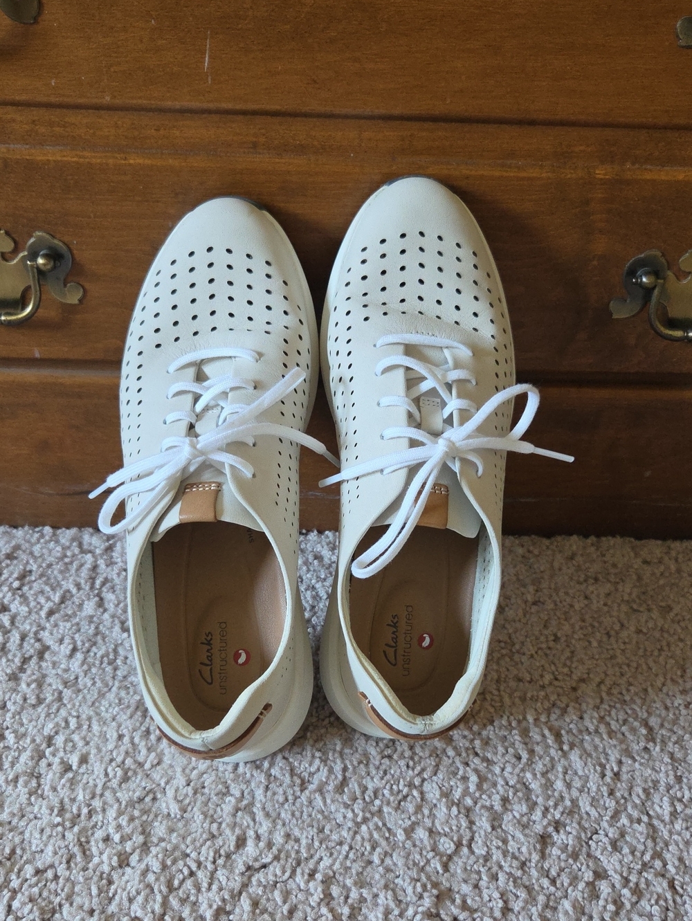 Clarks White Perforated Lace-Up Sneakers with Tan Tabs